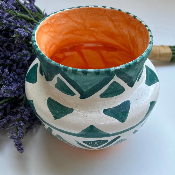 Teal and White Pottery Vase with Geometric Pattern - Picture 3 of 12